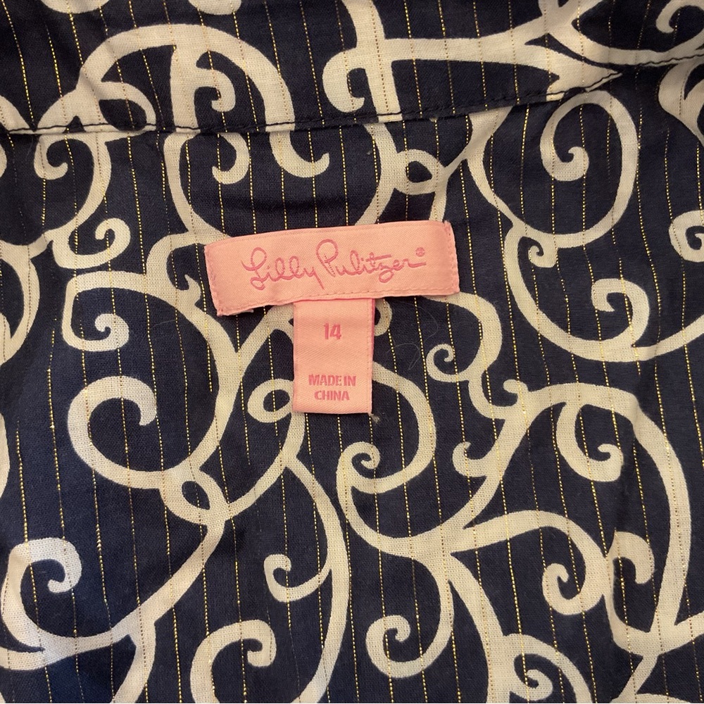 Lilly Pulitzer Shirt DressNavy White Swirl Print Gold Thread Belted - Picture 6 of 8